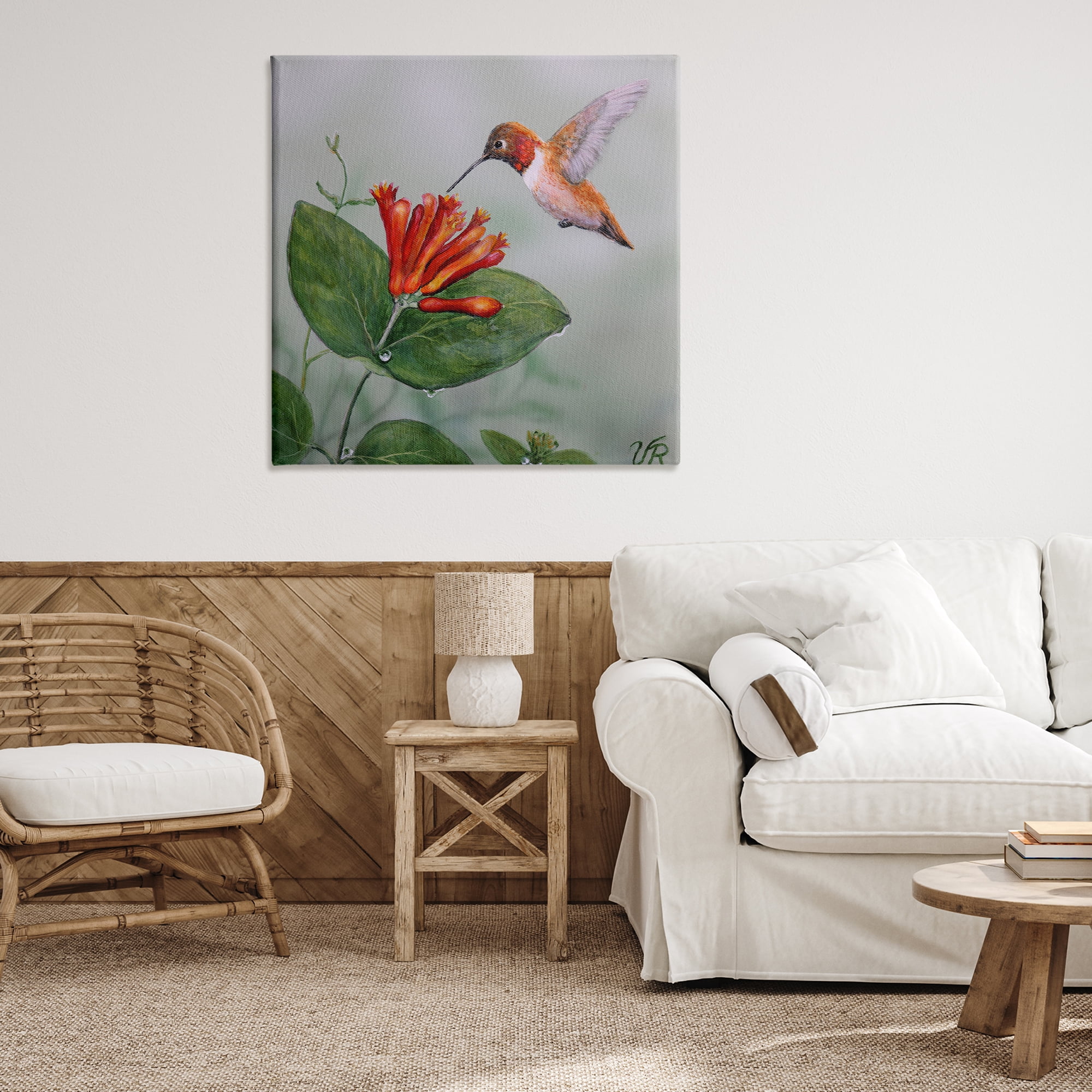 Stupell Industries Red Hummingbird & Flower Animals Painting Wrapped Canvas Art Print Wall Art, 36 x 36