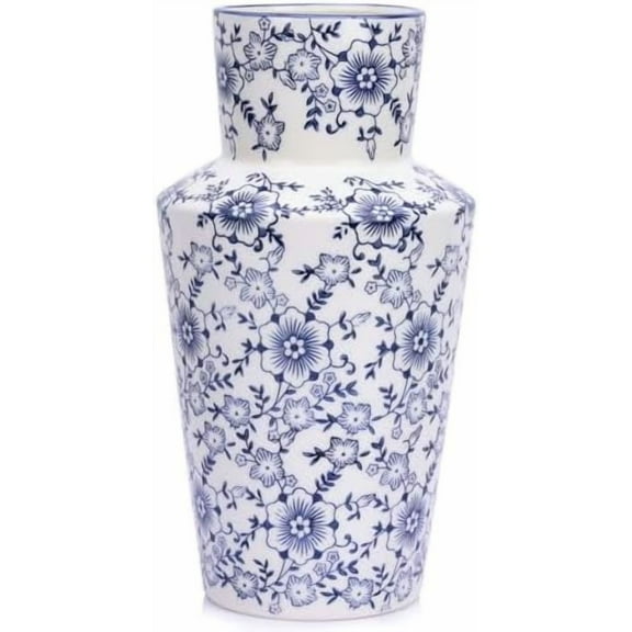 Chinoiserie Decor Blue and White Floral Vase - 11" Vintage Ceramic Pottery Vase for Centerpieces, Farmhouse Decor