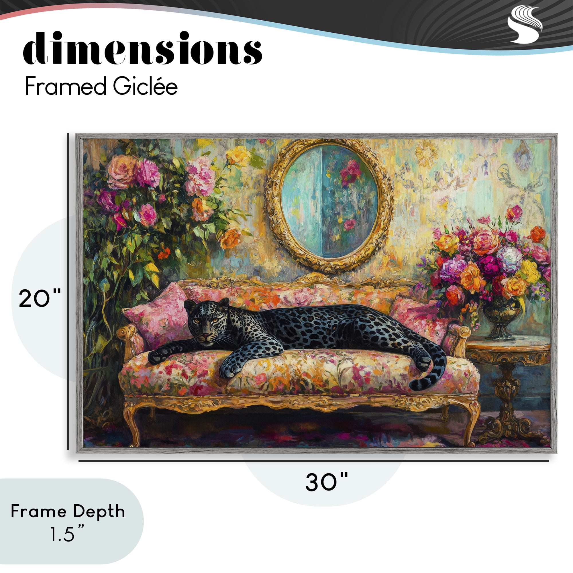 Stupell Industries Lounging Leopard on Floral Sofa Gray Framed Giclee Art, design by Petal Prints Design