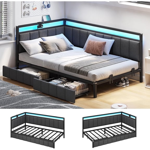 Aunfebrco Corner Bed Frame with Storage Drawers, Twin Daybed with LED Light and Charging Station, Bed Unit with Line Fabric Upholstered Fence, Modern Twin Size Bed Frame, Gray