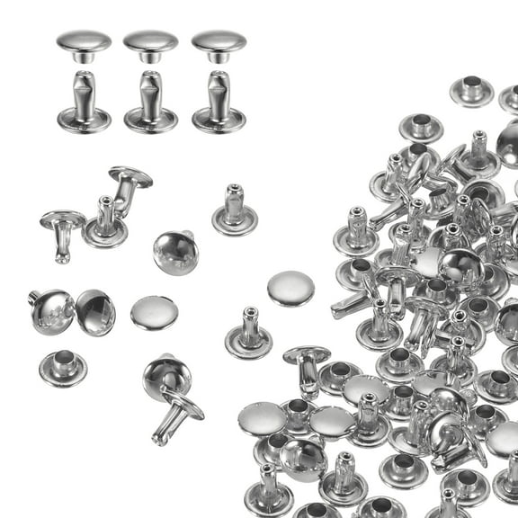 Uxcell 60Pack Double Cap Leather Rivet, 8x8mm Round Cap Tubular Metal Studs Leather Crafting Rivet, Silver