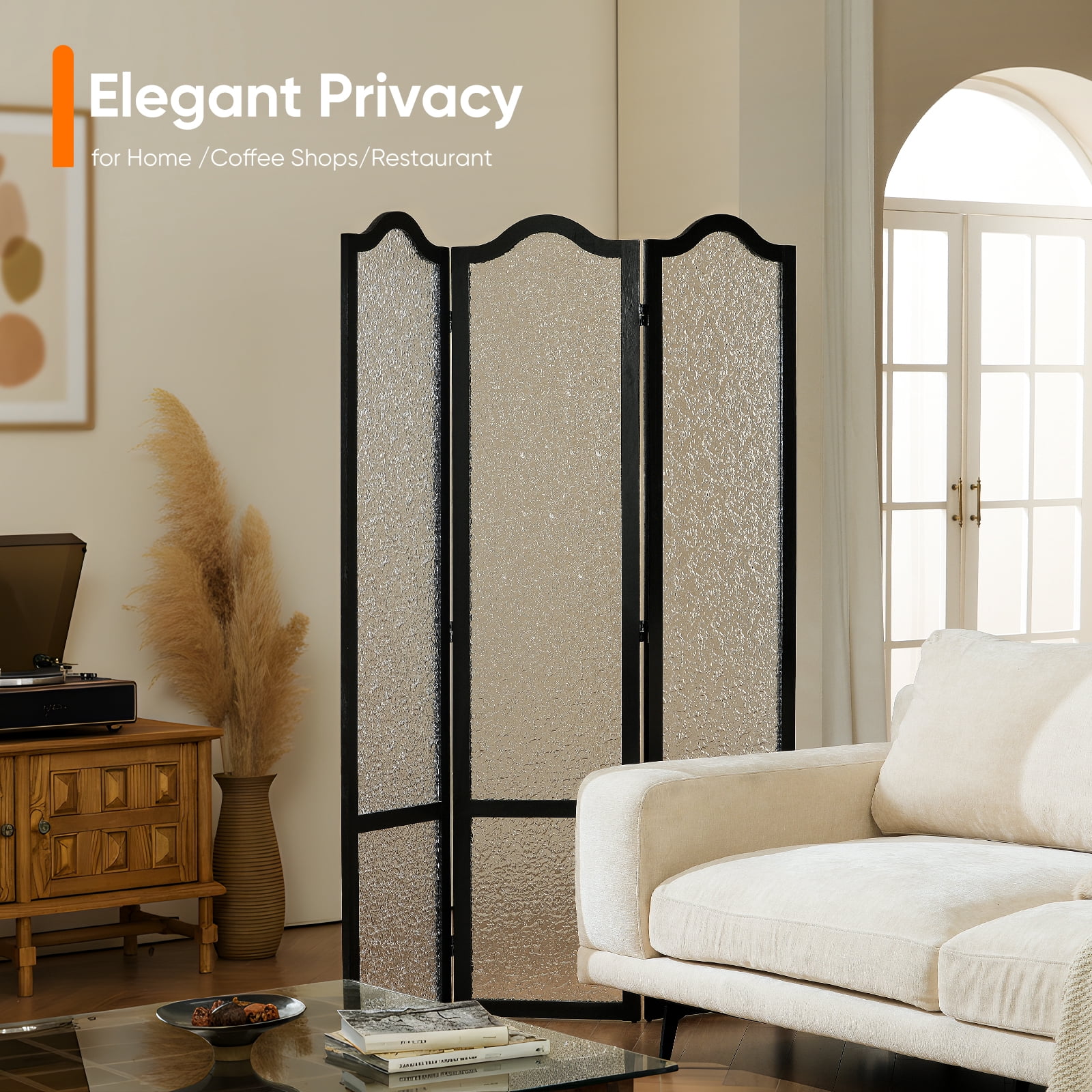Jostyle 3 Panel Acrylic Room Divider Privacy Screen Translucent Folding Partition with Paulownia Wood Frame Black, Shatterproof & Space-Saving for Living Room, Bedroom, Office