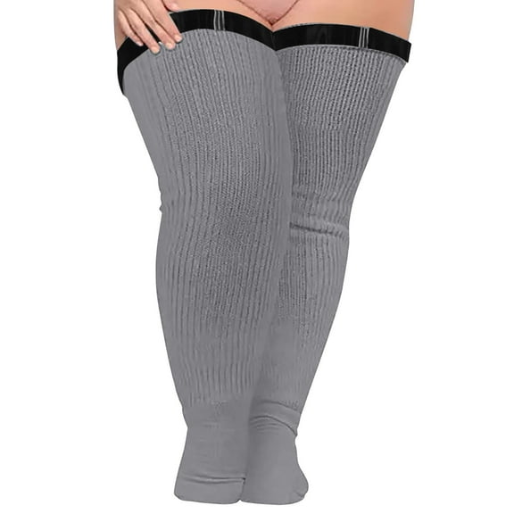 Fgnfyis Women Solid Color Plus Size Over Knee High Socks Extra Long Thick Thigh High Tall Socks with Elastic No Belt Grey