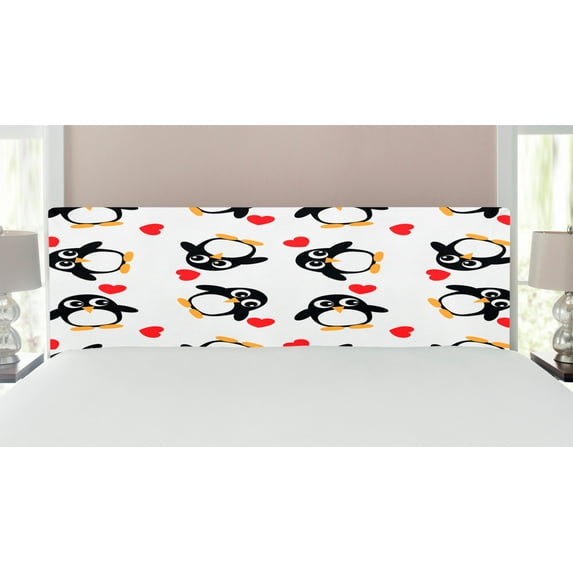 Sea Animals Headboard, Penguins with Heart Shapes Romantic Valentines Day, Upholstered Decorative Metal Bed Headboard with Memory Foam, King Size, Mustard White Black, by Ambesonne