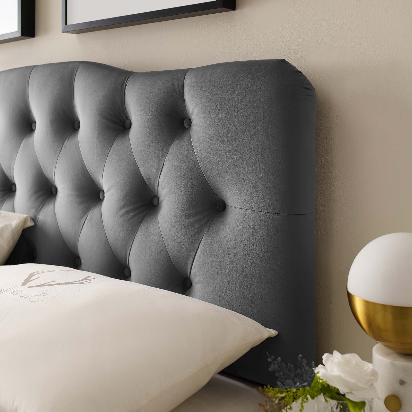 Contemporary Modern Urban Designer Bedroom King Size Tufted Headboard, Velvet Fabric, Grey Gray