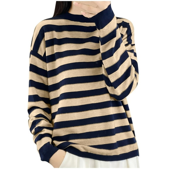 IROINNID Womens Casual Striped Knit Sweater Tops Long Sleeve Round Neck Pullover Soft Comfortable Lightweight Everyday Wear Spring Winter Fashion(Blue,2XL)