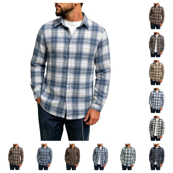 SAWOBUUN Men's Plaid Flannel Shirt Long Sleeve Button Down Casual Soft Brushed Checkered Shacket