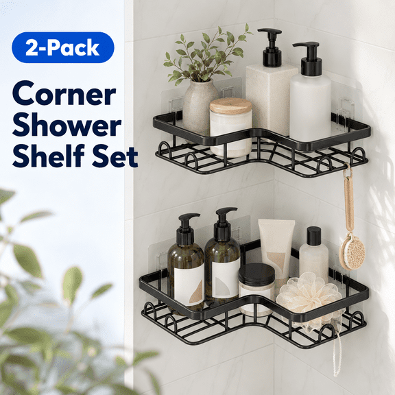 MORAVE Black Stainless Steel 2-Pack Corner Shower Caddy with 8 Hooks, No Drill Bathroom Storage Organizer
