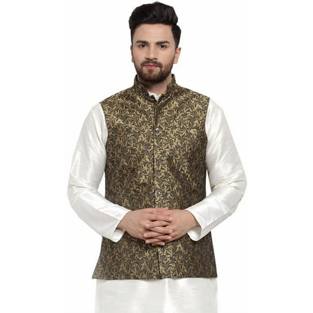 Maple Clothing Men's Traditional Indian Vest Jacquard Waistcoat (Gold, XL)