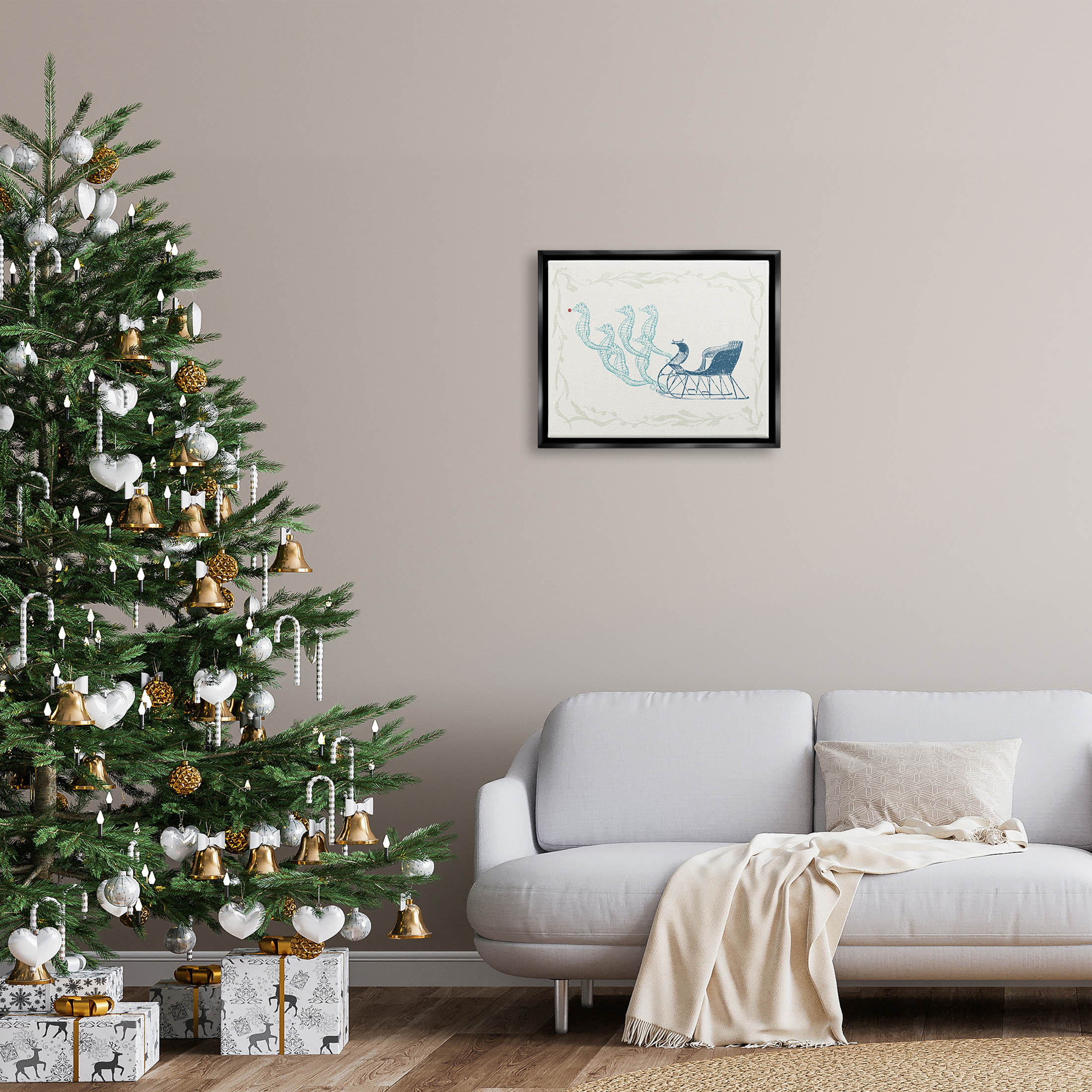 Seahorse Santa Sled Nautical Christmas Holiday Graphic Art Jet Black Framed Art Print Wall Art