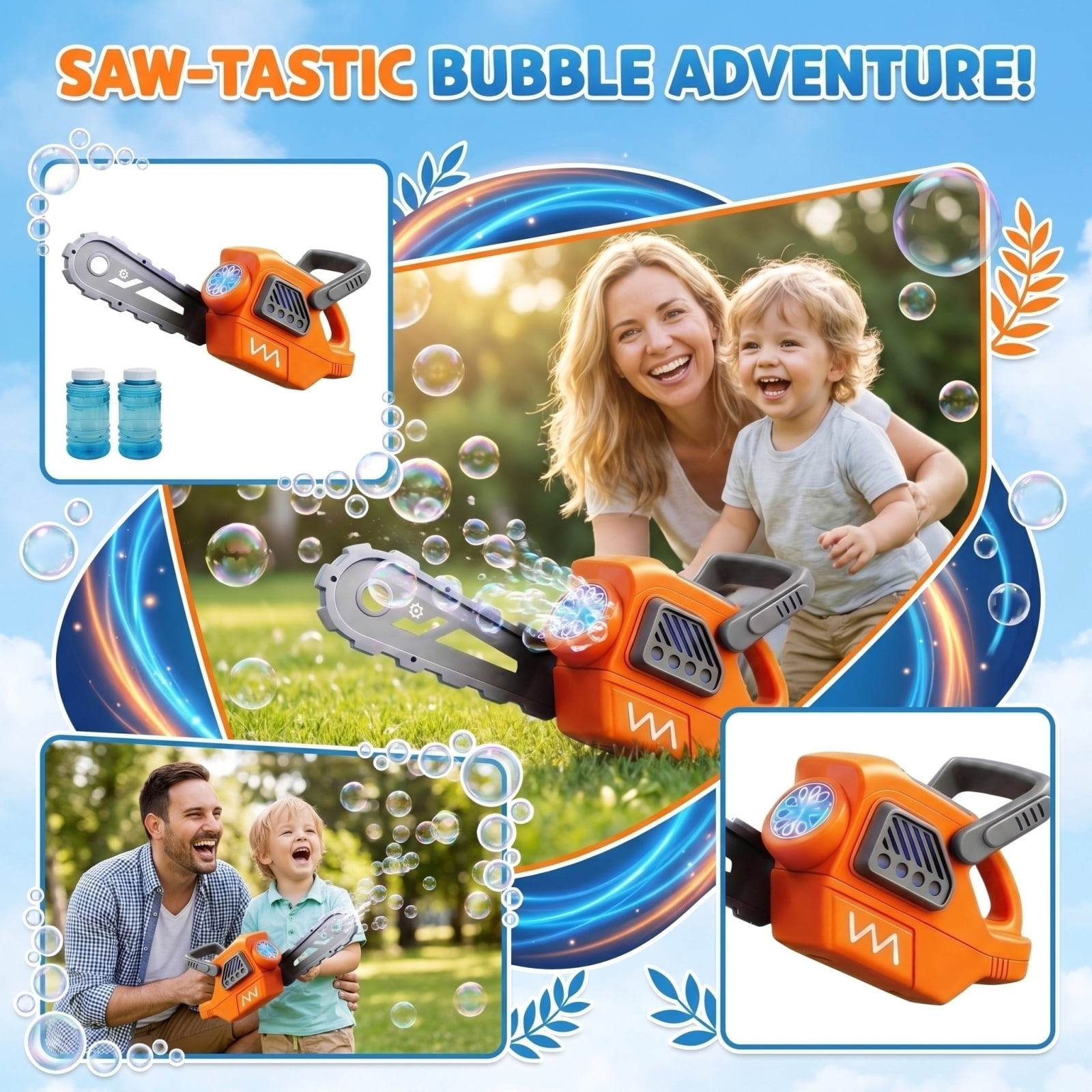 Chainsaw Style Bubble Blowing Machine with Lights and Sound, Automatic Electric Bubble Maker for Outdoor Party Camping Festival Lawn Events with Bubble Solution 200ml