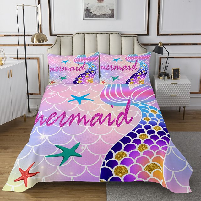 Mermaid Tail Quilt Set Nautical Sea Animal Bedspread Set Queen,Starfish Coverlet Set Coastal Fish Scale Quilted Ocean Room Decor