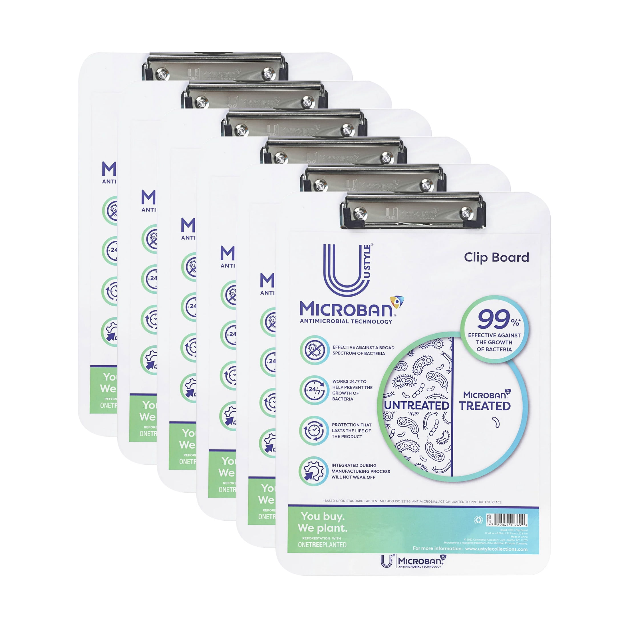 (2 pack) U Style 6pk Antimicrobial Acrylic Clipboard with Microban ®, Low Profile Clip, White
