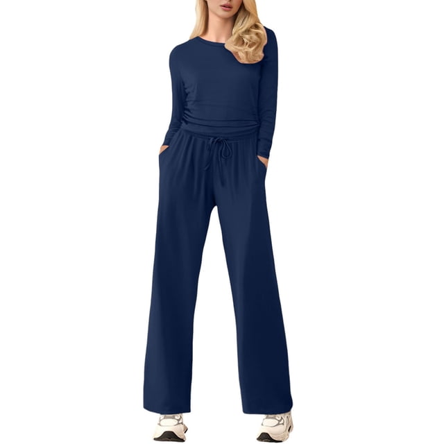 Women's Fall Two Piece Outfits Track Suits Long Sleeve Crop Tops Tee Shirts Wide Leg Pants Matching Sets