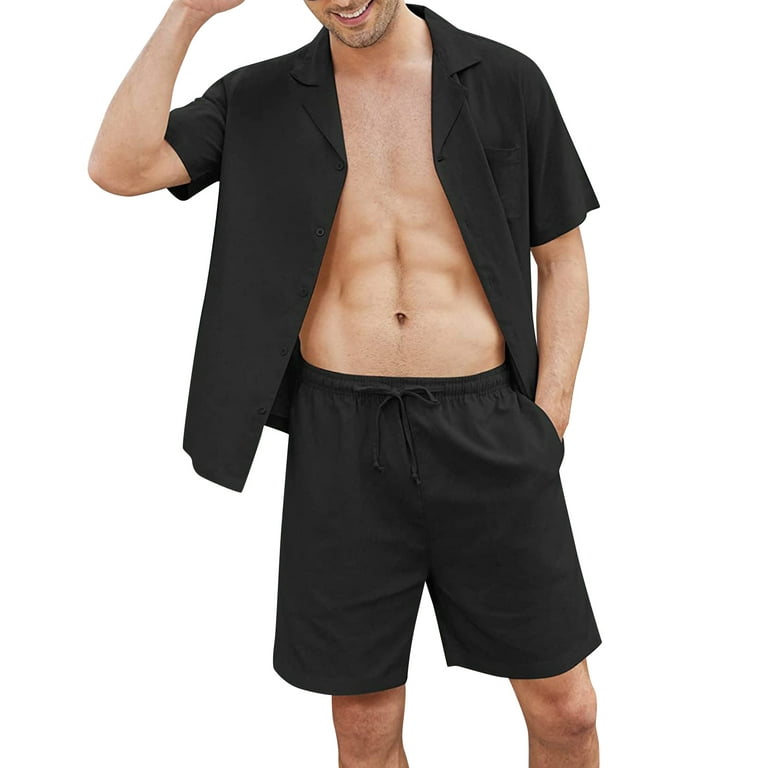 Men Plain Short Sleeve Linen Shirts Short Pants Set Summer Holiday Casual  Beach Loose Tops + Shorts Outfits Set