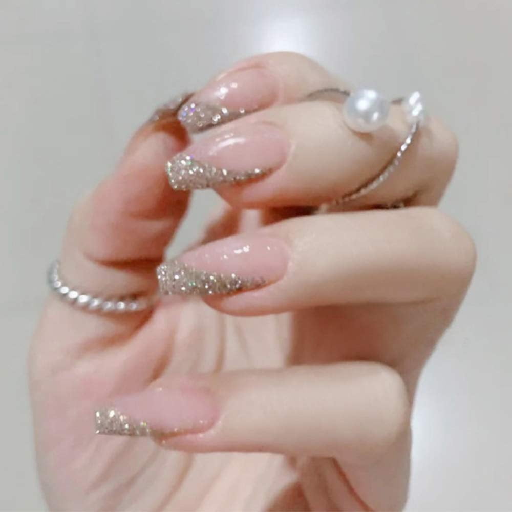 Nude with Silver Glitter Tips Long Press On Nails Set of 24