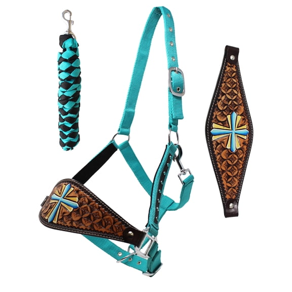 Challenger Horse Noseband Tack Bronc Leather HALTER Tiedown Lead Teal 280HR18