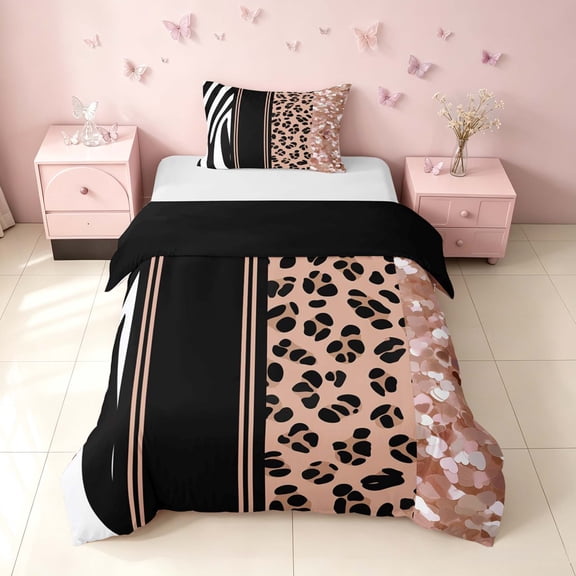 Homewish Animal Print Twin Duvet Cover, Brown Zebra Leopard Print Twin Bedding, Black Reversible, 2 Pieces 1 Duvet Cover and 1 Pillowcase