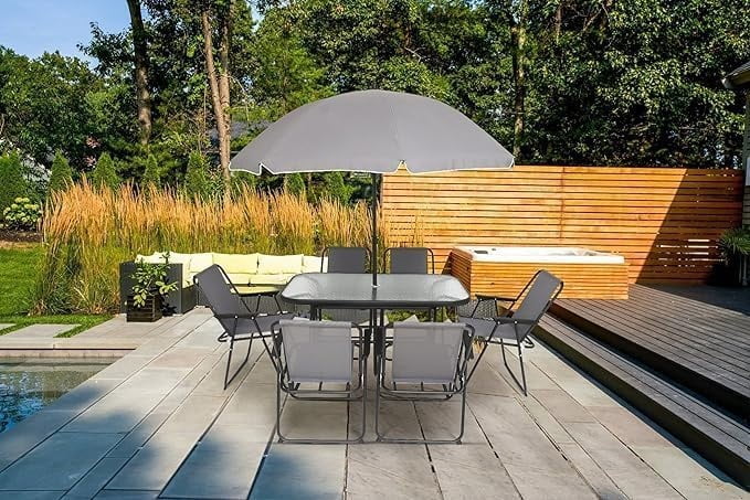 8-Piece Outdoor Patio Dining Set with Umbrella, Garden Outdoor Furniture Table Set, Glass Table and 6 Folding Chairs