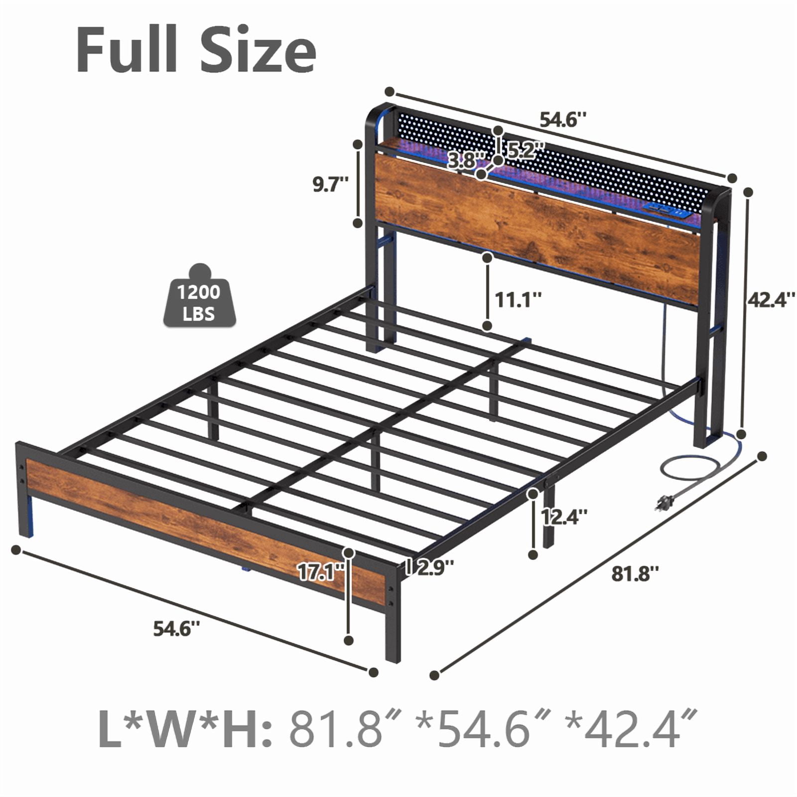 Satifur LED Bed Frame Full Size with Charging Station, Platform Metal Bed Frame with Storage Headboard, No Box Spring Needed, Noise-Free