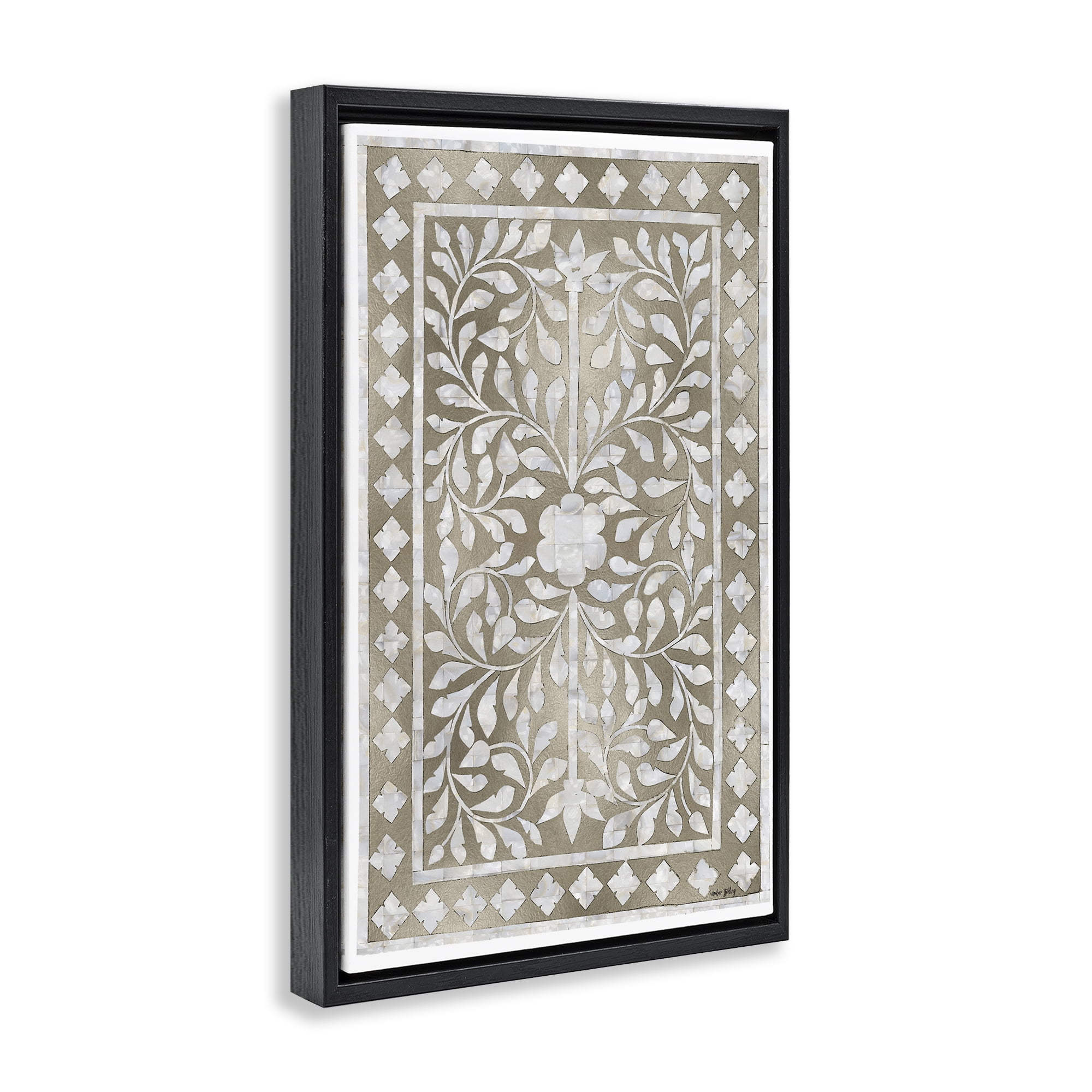 Stupell Industries Arabesque Bohemian Pattern Botanical & Floral Painting Black Floater Framed Canvas Art Print Wall Art, 21 x 31