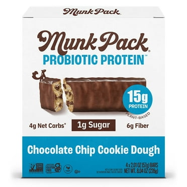 MUNK PACK Probiotic Protein™ Bars - Chocolate Chip Cookie Dough - 15g Protein - Low Sugar - High-Fiber Vegan Snacks - 4 Count Box