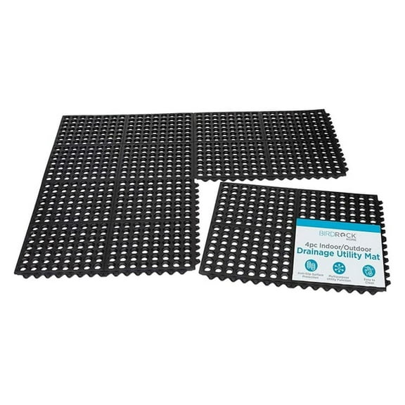 4 pc Indoor Outdoor Drainage Utility Mat - Non Slip Rubber Floor Mat for Kitchen, Pool, Restaurant, Industrial, Patio, Bartending,Flooring, Interlocking Tiles, Durable - 20 x 24 - Black
