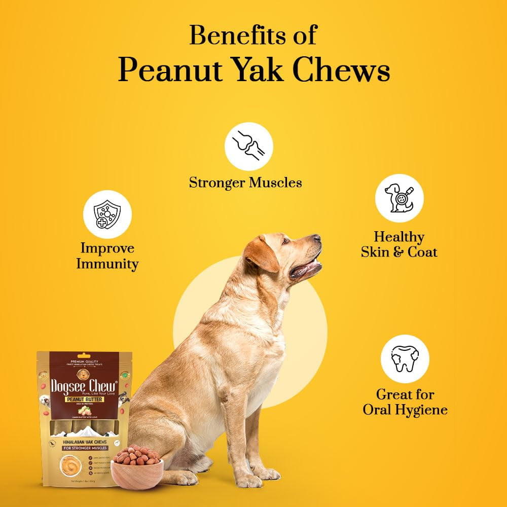 Dogsee Himalayan Yak Cheese Chews with Peanut Butter 1lb (Large - 4 Chews) | Support Muscle Growth in Dogs | Fight Plaque & Tartar | Long Lasting Dental Dog Chews