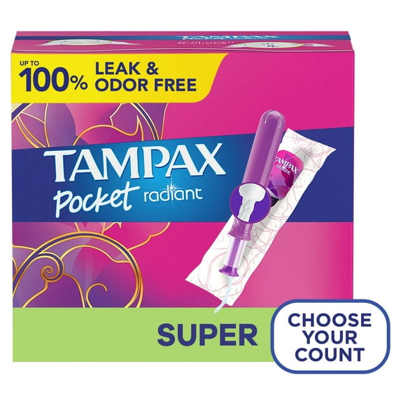 Tampax Pocket Radiant Compact Plastic Tampons, With LeakGuard Braid, Super Absorbency, Unscented, 14 Count