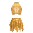 thumbnail image 3 of Eandarui Kids Girls Sequins Metallic Ballet Jazz Hip Hop Dance Outfits Halter Crop Top with Asymmetric Tutu Skirt Set Gold 14, 3 of 7