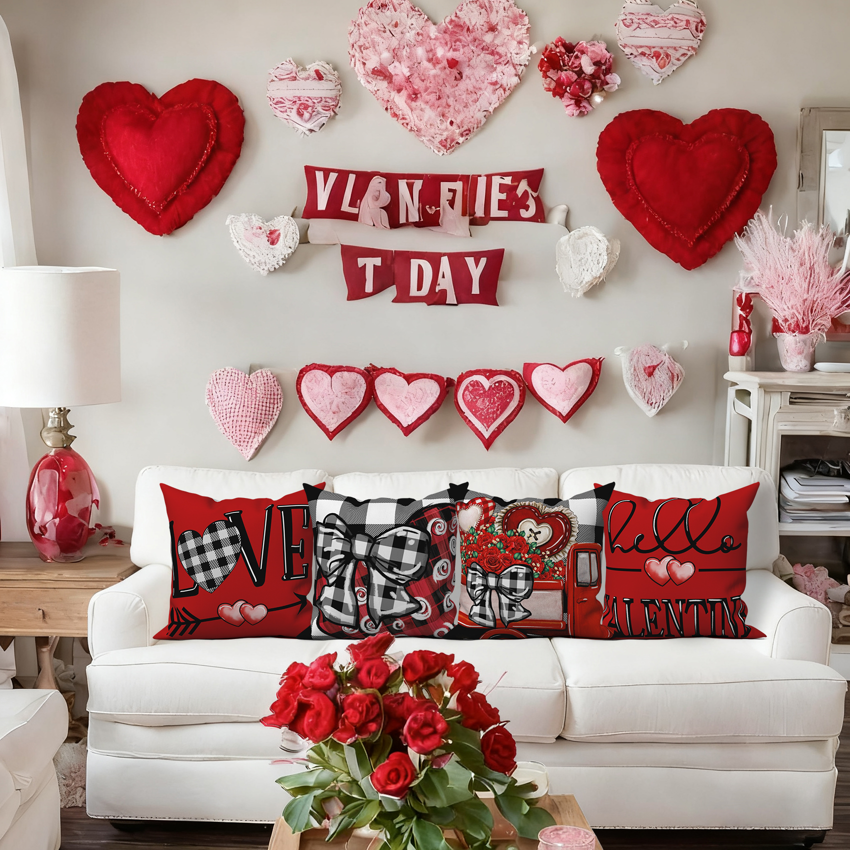 Valentines Throw Pillow Cover for Home Decor Red Love and Truck Linen Decorative Pillowcase 20x20,Set of 4