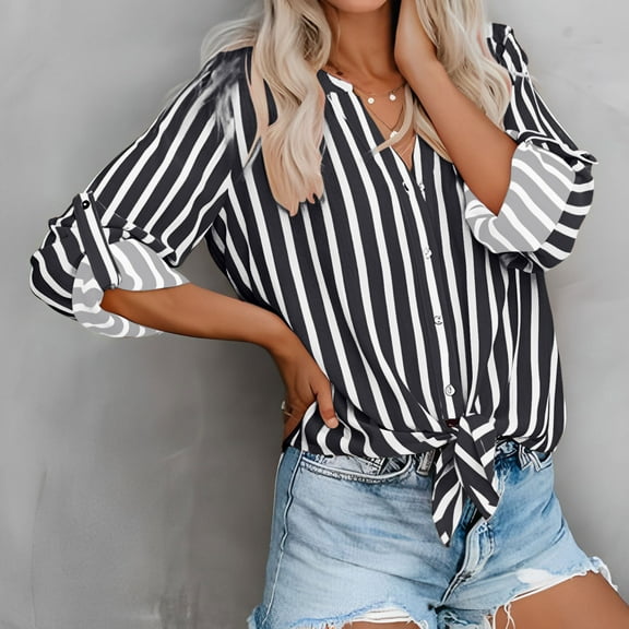 absuyy Women' Button Up Shirt Striped Long Sleeve V Neck Workwear Blouses Black Tops Size S