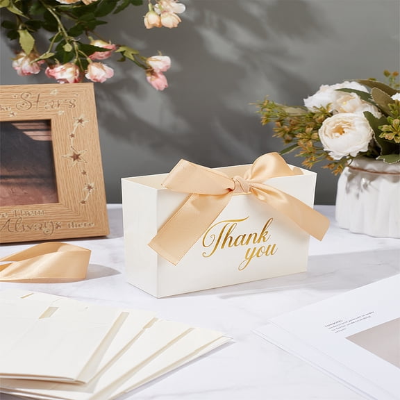 1set 10pcs golden Stamping Thank You Printed Paper Gift Packaging boxes with Ribbon Foldable Storage boxes for Wedding Rectangle White 12.5x4.5x10cm