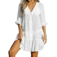 thumbnail image 6 of Women's V Neck Ruffled Cover Up Button Down Bathing Suit Beach Dress with Short Sleeves, 6 of 11