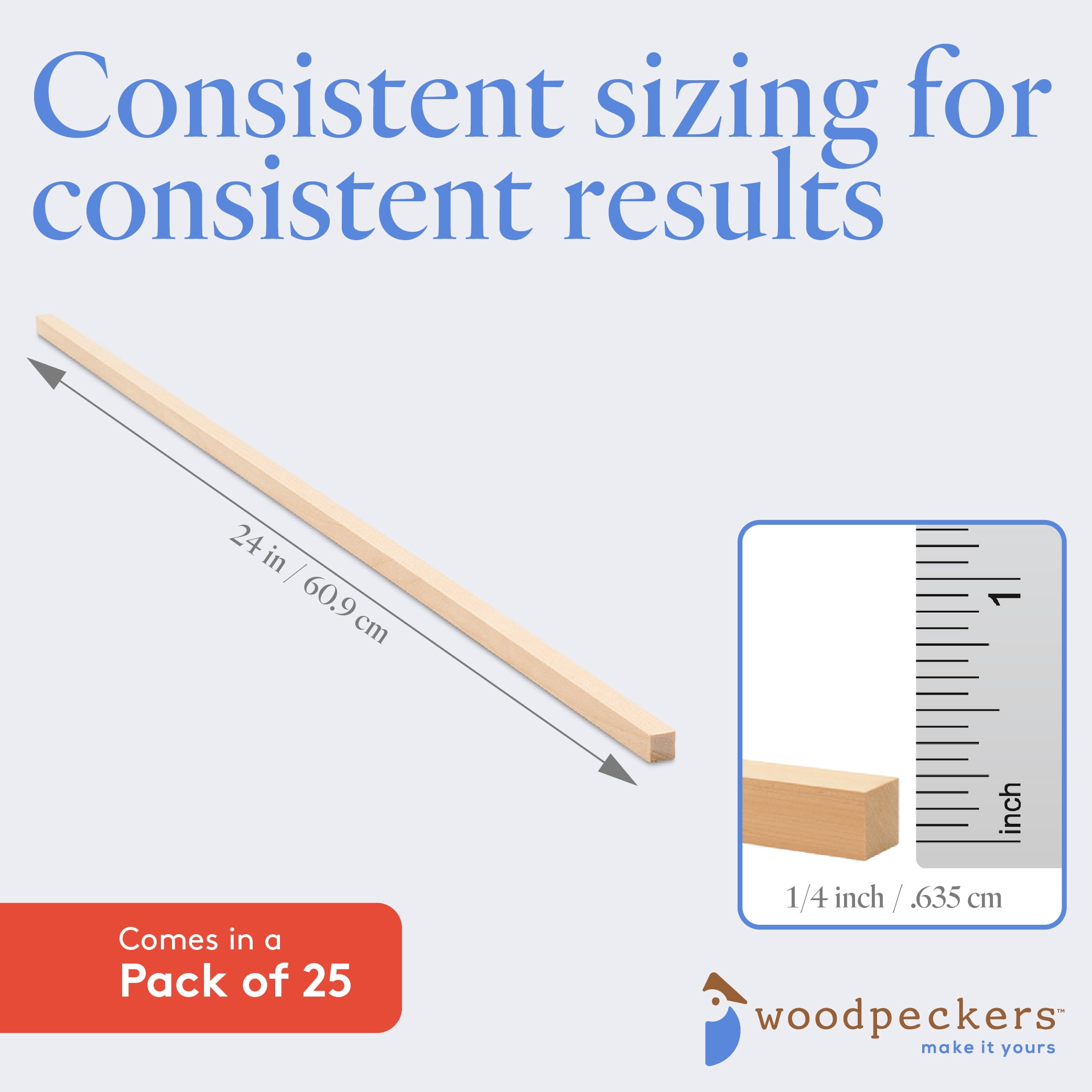 DIY Wooden Square Dowel Rod 1/4-inch x 24 Pack of 25 Hobby Wood Sticks for Crafts, Wood Trim & Architecture Model Making, by Woodpeckers