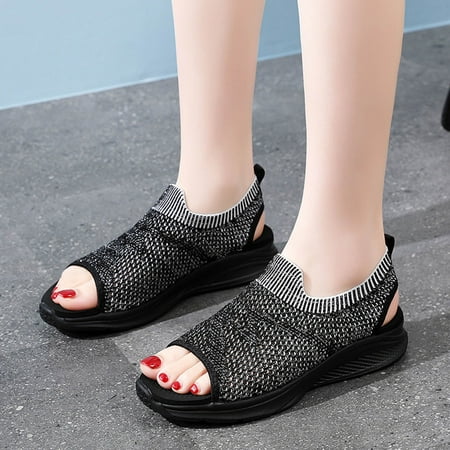 

〖Yilirongyumm〗 Black 39 Sandals Women Wedges Beach Shoes Toe Peep Summer Mesh Sandals Fashion Comfortable Sport Breathable Women Sandals