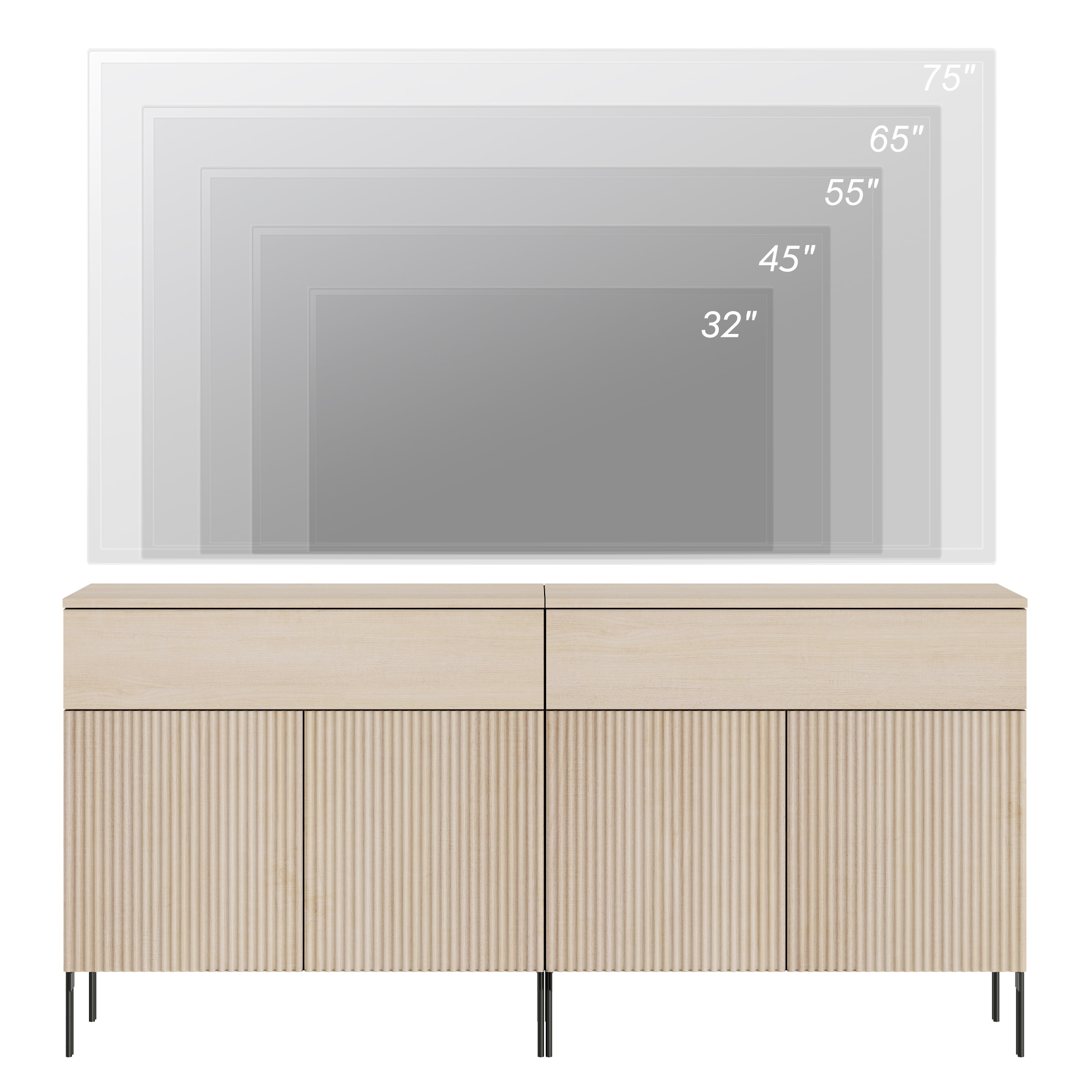 63" Reeded Accent Cabinet Set with 4 Doors and Drawers, Modern Credenza Storage Cabinet with Metal Legs for Living Room, Kitchen, Dining Room, Hallway