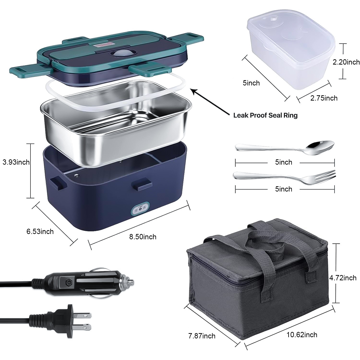 Romanda 1.8L Electric Heated Lunch Boxes for Adults 12V/24V/110V Portable Electric Lunch Box for Car/Office/Home – Leak Proof, 304 Stainless Steel Container, SS Fork & Spoon and Carry Bag - Sky Blue