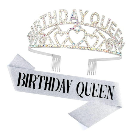SKYSONIC Rose Birthday Queen Rhinestone Tiara and Sash - Birthday Glitter Decorations for Women (Multi Color Letter)
