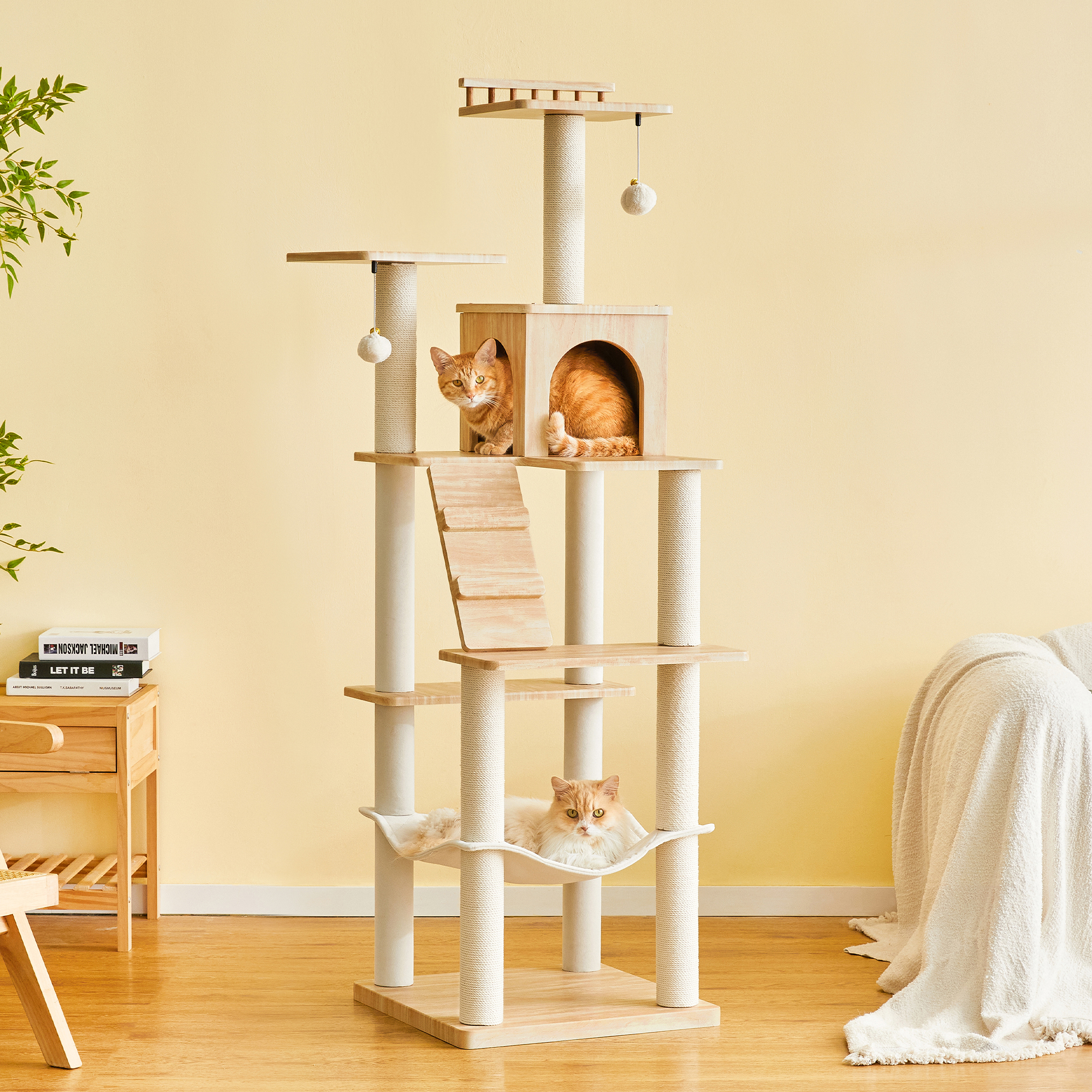 MWPO Modern Cat Tree - 64 inch Cat Tower for Indoor Cats, Multi-Level Cat Condo with 7 Fully Wrapped Scratching Posts, 2 Perches, Hammock, Removable Pad & Dangling Balls-Light Brown
