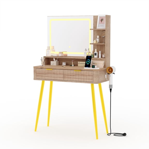 31-inch Modern Makeup Vanity Desk with LED Mirror & 3-Color Lights, Fluted Design Dressing Table with Storage Cabinet, Drawers, Outlet & Hair Dryer Holder for Bedroom