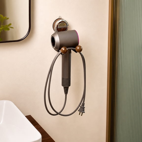 Walnut Color Hair Dryer Holder Stand, Suction Cup Wall Mount Organizer for Bathroom, No-Drill Installation