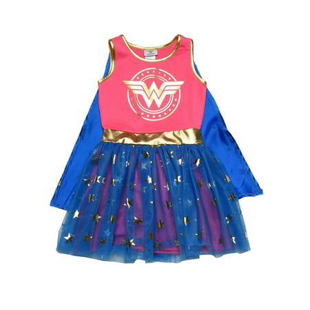 Girls Wonder Woman Halloween Costume Dress Cape Pink Gold Blue