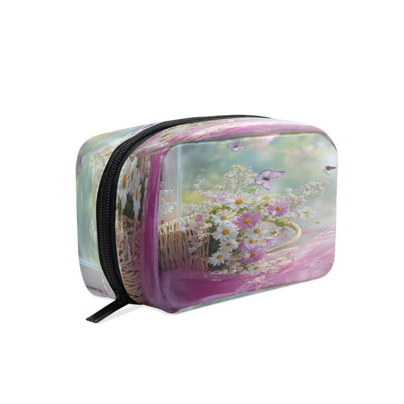 BZSMCE Makeup and Cosmetic Bag Women Simple Basket Of_flowers_and_butterfly Pattern Square Cosmetic Bag