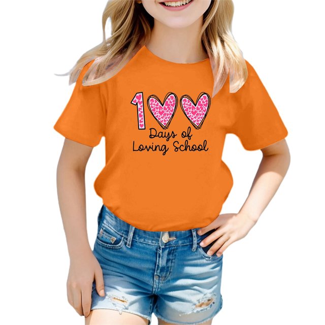 LUOGENLI T-Shirt pour Filles Enfants Mode Décontractée Imprimé Col Rond Ample Manches Courtes T-Shirt Haut Maxi Chemises pour Filles Été Serré Orange 10-11 Ans