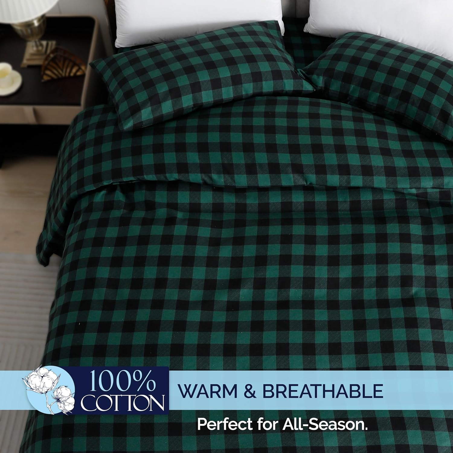 Elegant Comfort Soft 4-Piece Cotton Flannel Sheet Set -Deep Pocket Fitted Sheet, Flannel Sheets - King, Buffalo Check Green
