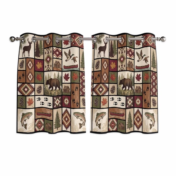 Country Patch Plaid Kitchen Curtains Window Panels, Brown Farmhouse Retro Bear Deer Cabin Insulated Window Treatment Curtain, Grommet Curtains for Bedroom/Living Room/Bathroom, 2 Piece 42"Wx45"L