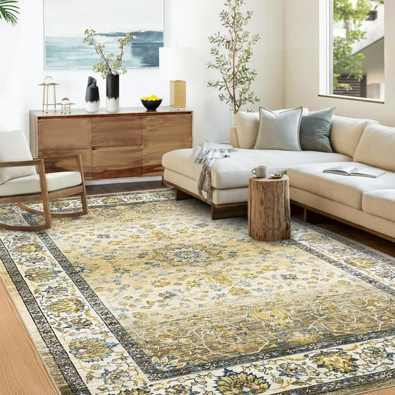 Hasoo Area Rug 8' x 10' Vintage Washable Rug Oriental Floral Rug for Dining Room Dorm, Yellow