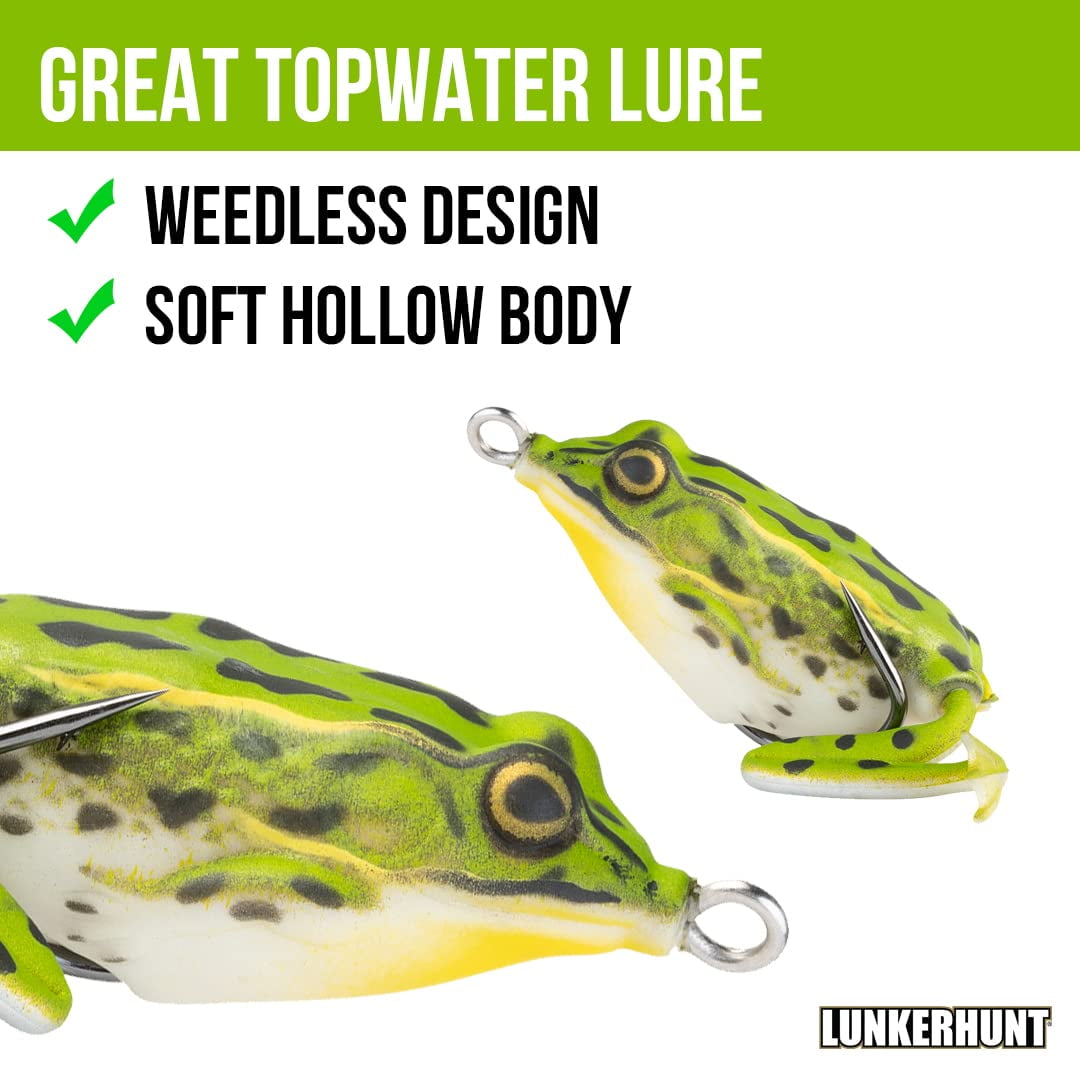 (2 pack) LUNKERHUNT Frog Lure for Bass Fishing | Pocket Frog Lure 1.75 Inch | Topwater Fishing Lures with Weedless Hooks for Trout, Pike in Saltwater and Fresh water