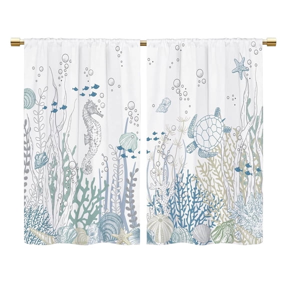 SUYOLL Ocean Coastal Kitchen Tier Curtains, 2 Panels Rod Pocket Light Filtering Privacy Short Drapes, Easy‑Maintain Washable Decorative Curtain for Kitchen Bathroom Small Window